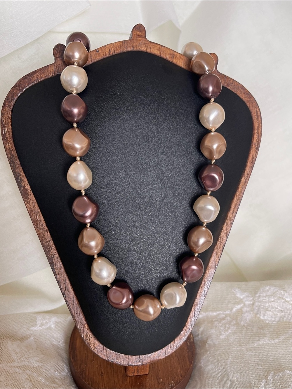 Classic Triple-Tone Faux Pearl Necklace - Brown, Cream & Gold Tones